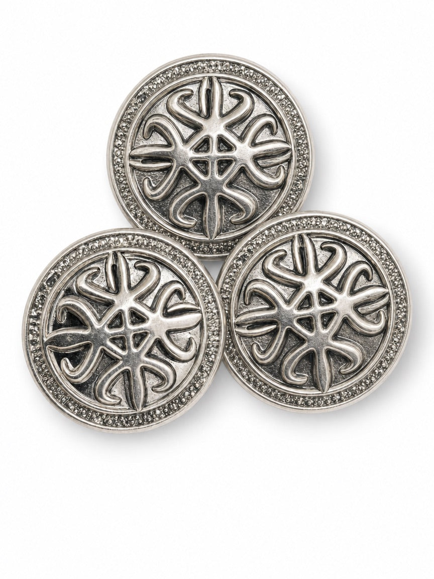deviantbyloho signature Adrikra buttons — cast antiqued-metal buttons with the deviantbyloho emblem, on every grail